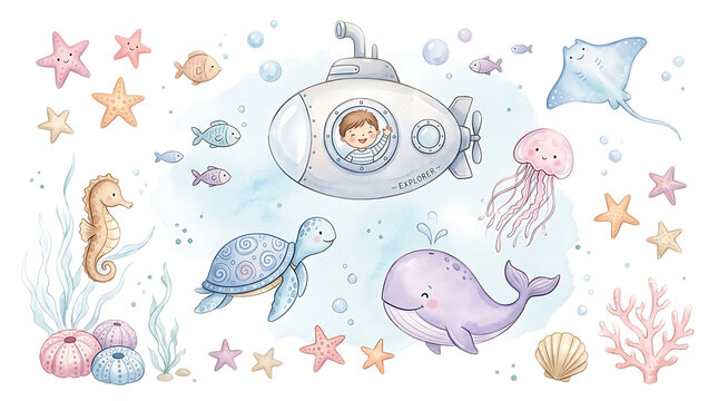 Whimsical watercolor underwater scene with a submarine child explorer whale turtle seahorse jellyfish and coral reefs for childrens book isolated on a transparent background