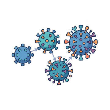 Illustration of virus particles replicating and spreading.