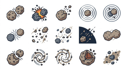 Collection of Hand Drawn Asteroids and Meteorites in Space. © Cel