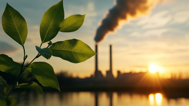 Green Hope, Industrial Shadow: A vibrant green plant in the foreground symbolizes nature's resilience, juxtaposed against a hazy industrial landscape with smoking chimneys under a warm, setting sun.