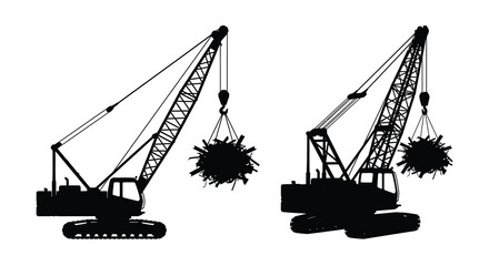 Two construction cranes lifting debris detailed black silhouette against a white background silhouette crane wreckage demolition excavation heavy duty © Aklima