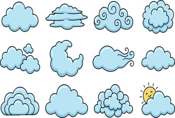 Fototapeta premium Collection Of Light Blue Cloud Illustrations With Varied Shapes
