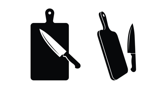 Cutting board and kitchen knife in black silhouette against a white background silhouette blade cookware tool sharp handle