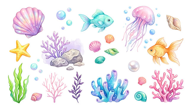 Underwater sea life watercolor collection featuring goldfish jellyfish shells corals seaweed and bubbles for creative kids projects isolated on a transparent background
