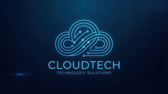 Glowing neon cloud technology solution logo design for future digital enterprise systems.