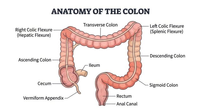 Anatomical diagram of human colon highlighting parts from cecum to anal canal for medical.