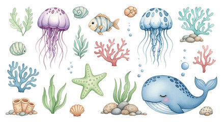 Fototapeta premium Cute cartoon underwater collection featuring whales jellyfish starfish coral and seashells for kids marine themed and educational projects isolated on a transparent background
