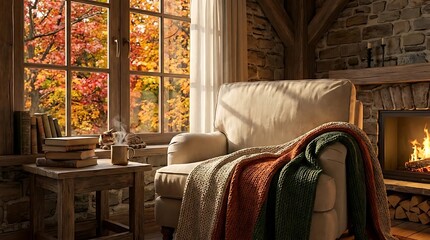 Fototapeta premium Cozy armchair by window with autumn leaves and fireplace warmth