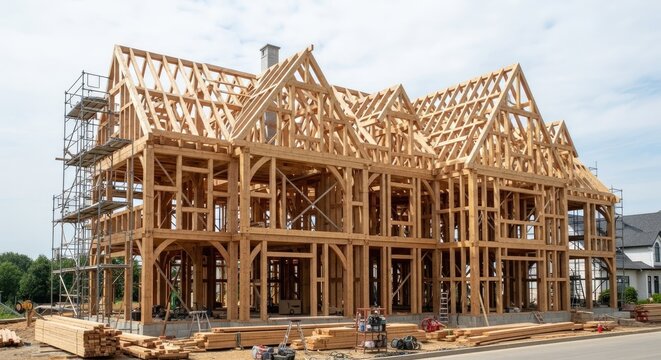 Construction workers erect a large timber frame house. The building is under construction with scaffolding surrounding it.