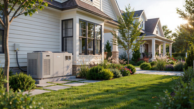 Modern outdoor air conditioner heat pump unit installed outside a suburban house on a sunny day