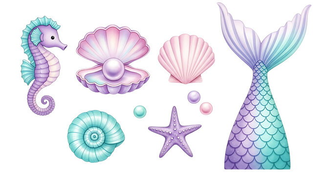 Magical underwater set featuring a seahorse mermaid tail pearls and various seashells in soft pastel watercolor tones for fantasy isolated on a transparent background