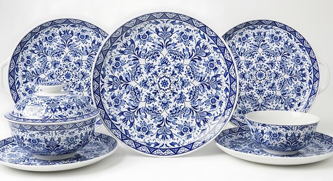 Elegant Blue and White Ceramic Plate Set for Dining and Decor.