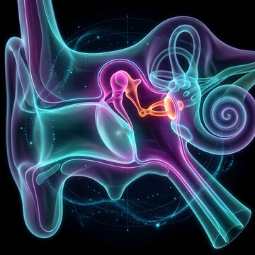 Anatomy of human ear showing cochlea and ossicles in vibrant neon colors for medical science studies.