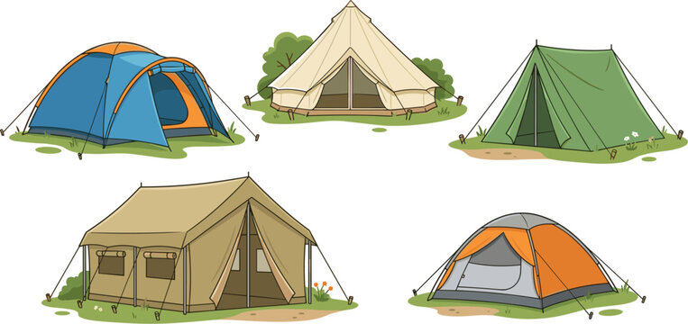 Camping tents and glamping canvas marquee set for outdoor adventure recreation, vector illustration