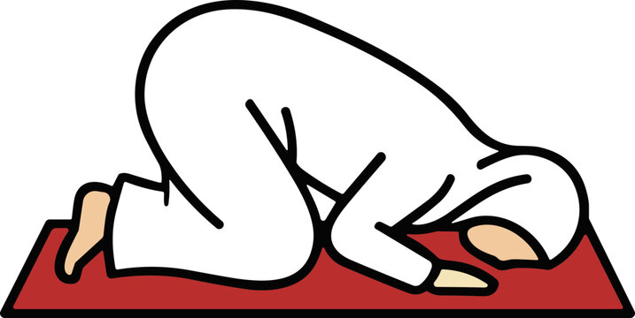 Muslim woman in prayer, prostrating on a prayer mat, Islamic tradition