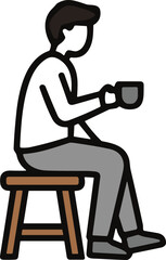 Fototapeta premium Person sitting on stool holding cup, simple line drawing, casual break