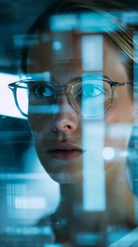 Close up portrait of a thoughtful woman analyzing virtual data on a transparent screen, surrounded by digital graphics. Futuristic workplace and artificial intelligence theme