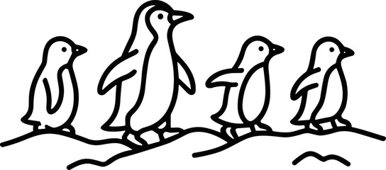 Obraz premium Simple Line Art Penguin Family Walking Together on Snow