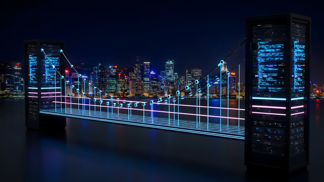Digital technology bridge with server towers and glowing data connections over water with city skyline background