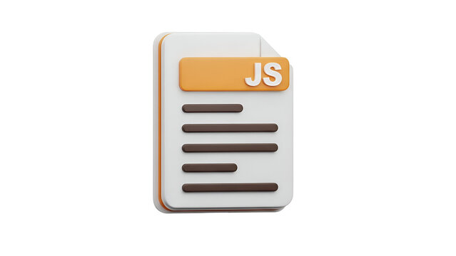 Three dimensional JavaScript file icon featuring an orange header and white document paper rendered in a high quality style on transparent background