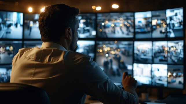 Security Officer Monitoring Surveillance Feed: A focused security officer intently observes multiple live camera feeds displayed across a wall of monitors.