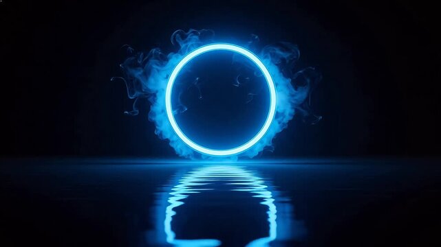Blue neon circle with smoke reflection