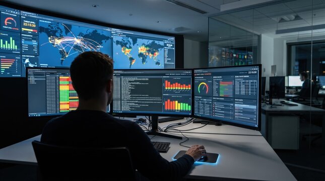 Cybersecurity analyst monitoring global network traffic and system security on multiple screens in dark control room, protecting data from cyber threats and hacking attacks.