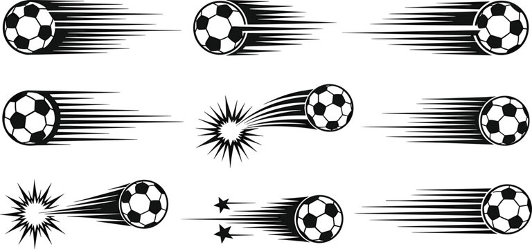 Illustration of Soccer balls in motion with speed lines and explosions.