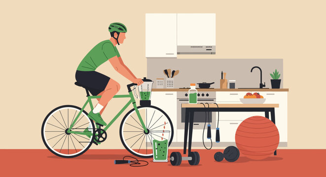 Man cycling indoors near kitchen with healthy smoothie and exercise equipment.
