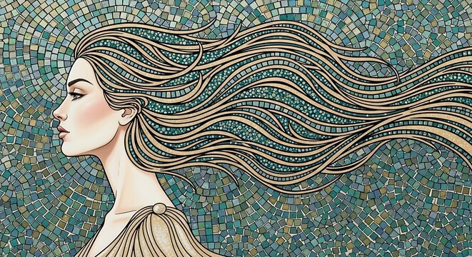 Elegant Woman with Flowing Hair Artistic Illustration.