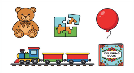 Toy Collection Vector Illustration With Teddy Bear Puzzle Balloon Train And Coloring Book toys stuffed animal plush jigsaw red locomotive childrens flat design line art © Exclusive Vectors