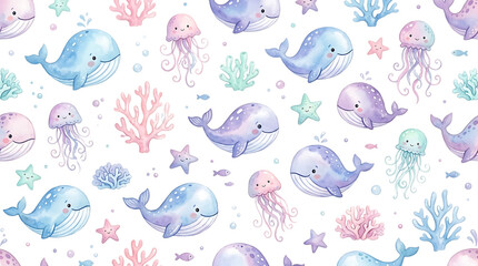 Fototapeta premium Seamless pattern featuring cute watercolor whales jellyfish and corals for kids fabric textile wallpaper and nursery room decor projects isolated on a transparent background