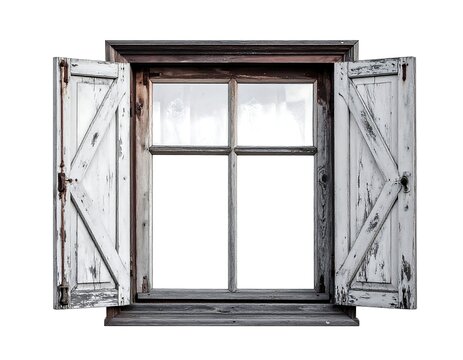 A weathered, old window with open, distressed wooden shutters