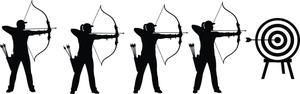 Illustration of Archers in motion shooting arrows at a target.