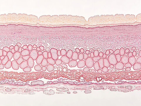 Original H&E-stained photomicrograph of human stratified squamous epithelium, showing the characteristic stratification of keratinocytes from the basal layer to the stratum corneum.