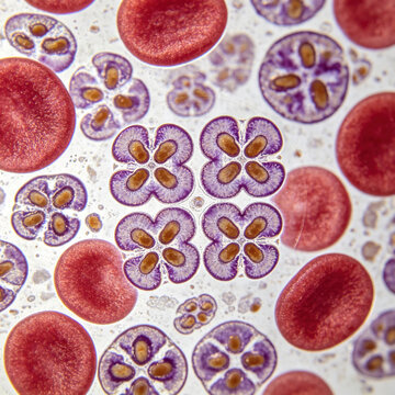 Original Giemsa-stained blood smear showing *Babesia microti* trophozoites within erythrocytes, displaying the characteristic "Maltese cross" tetrad morphology.