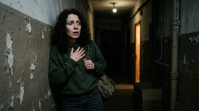 A frightened woman leans against a dark, crumbling wall in a narrow, dimly lit hallway. She clutches her chest with her hands, her expression conveying intense fear and panic.