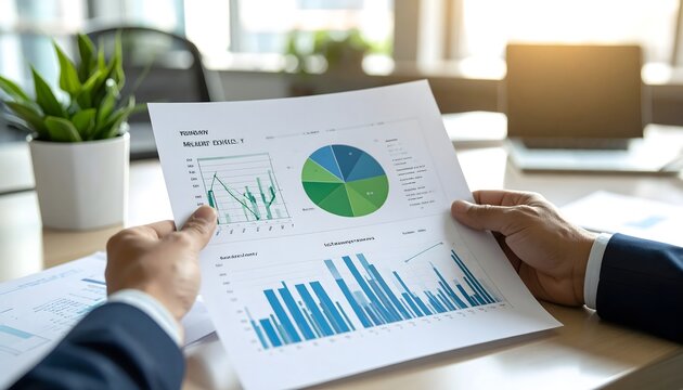 Profesionales revisando un informe financiero con gr&aacute;ficos y estad&iacute;sticas en una oficina moderna durante reuni&oacute;n de negocio