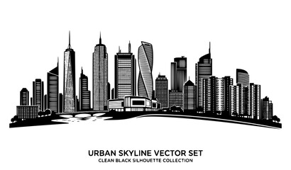 Fototapeta premium Urban skyline vector set with modern skyscrapers and metropolitan silhouette isolated on white