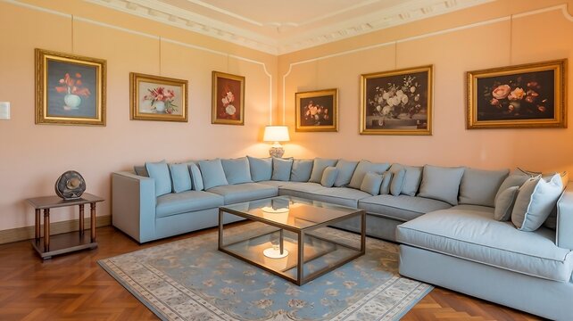 Sophisticated Living Room Interior Featuring a Spacious Sectional Sofa and Classic Floral Artworks
