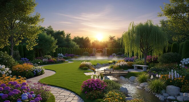 Serene botanical garden with colorful flower beds and pathways.