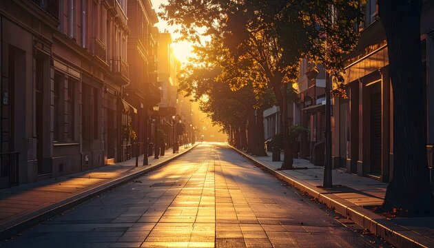 Calle urbana vac&iacute;a al atardecer con luz dorada entre edificios y &aacute;rboles en ambiente tranquilo de ciudad