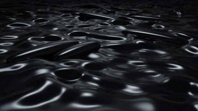 Abstract dark liquid surface motion with reflective shimmering highlights