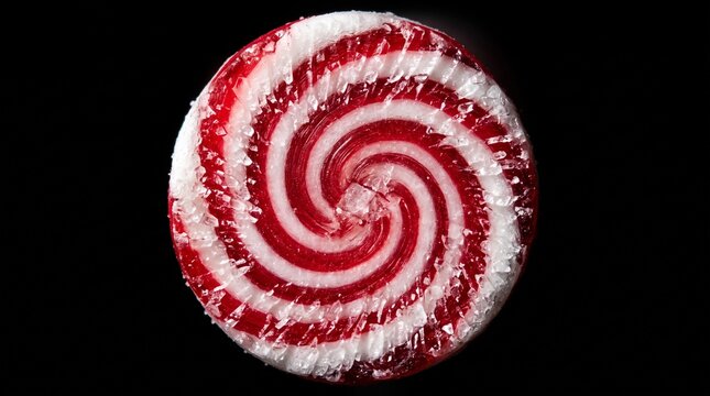 Close-up of a red and white swirly peppermint candy on a black background with sugary texture.