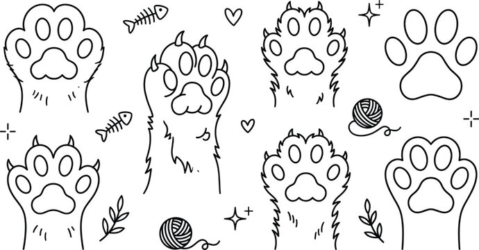 Cute cat paw footprint vector line art icon set featuring furry kitten claws yarn balls and fish bones