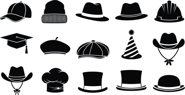 Illustration of Collection of various hats and caps in black silhouette style.