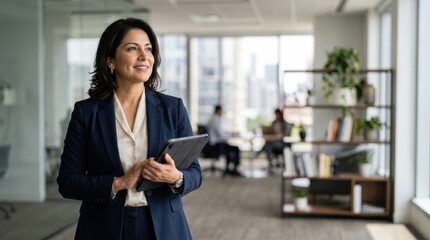 Obraz premium A confident businesswoman stands in a modern office, holding a tablet. She is smiling and looking towards the window, suggesting a thoughtful or strategic perspective.