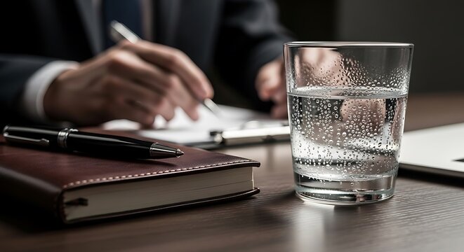 Business Meeting with Notepad and Glass of Water on Desk.