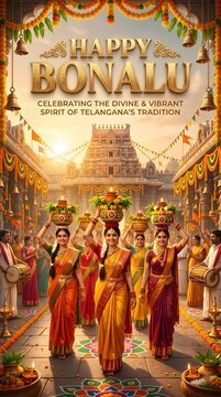 Happy bonalu festival celebration with traditional women carrying offerings at a hindu temple
