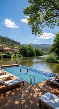 Serene Riverside Poolside Scene with Lounge Chairs and Nature Views.